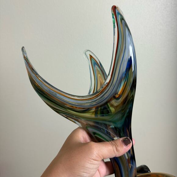 MCM Vintage Blue Green Murano Style Stretched Serpentine Vase Blown Art‎ Glass - Picture 7 of 9